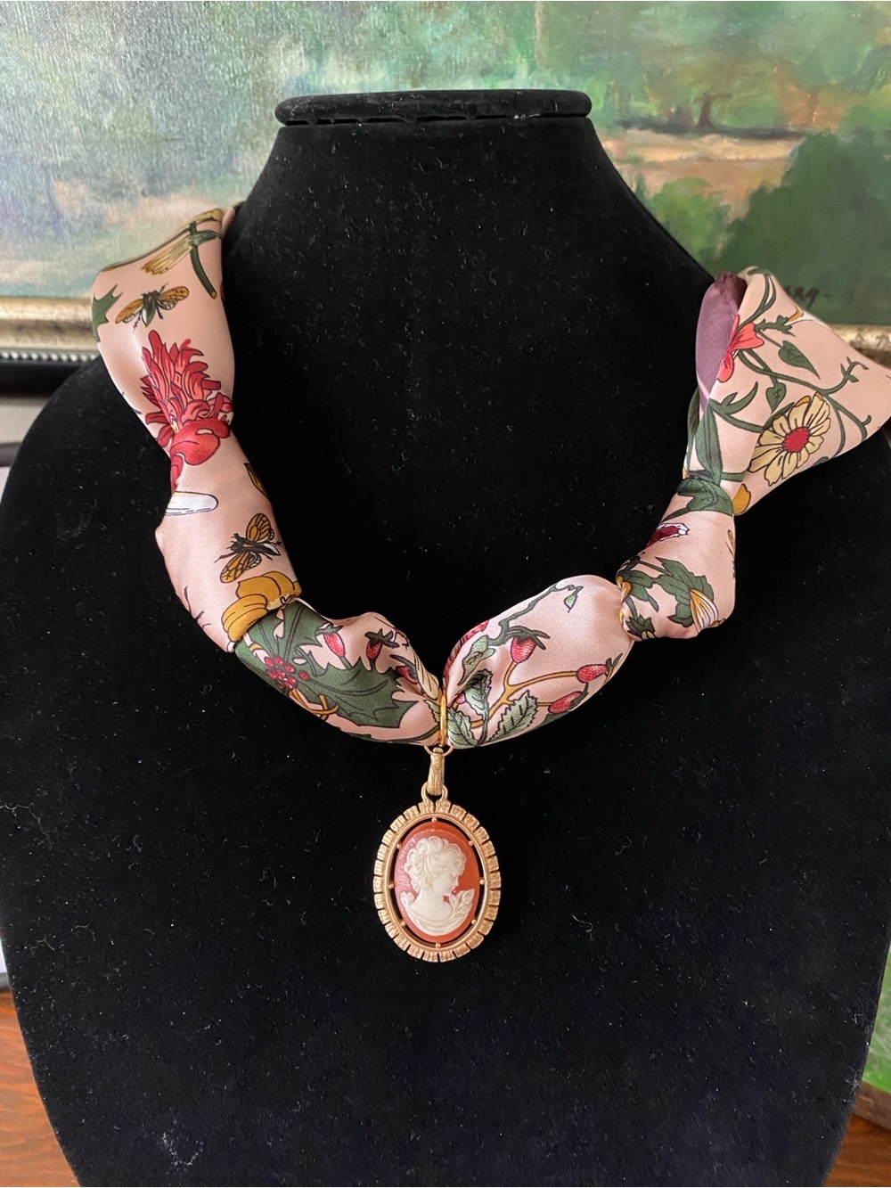 Dual sided cameo pendant on new scarf. Gorgeous!